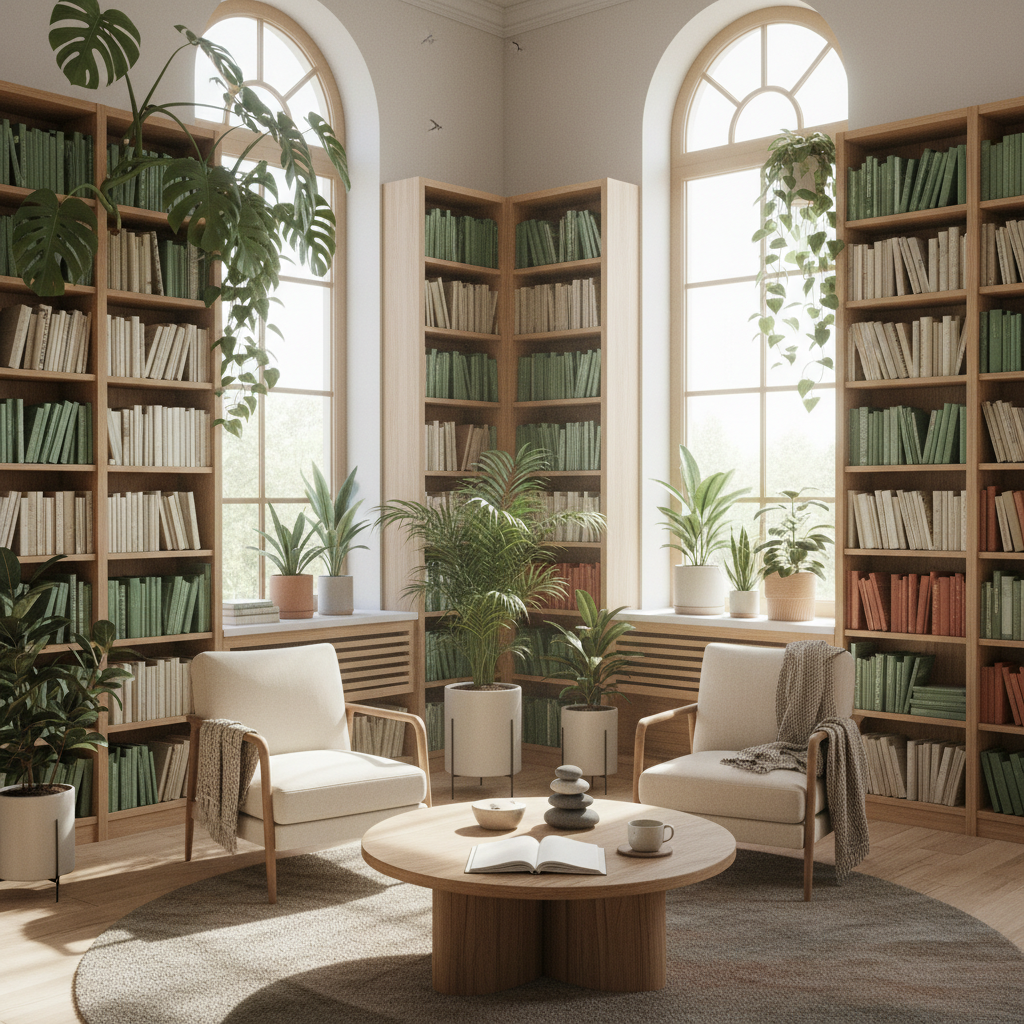 Interior de una biblioteca luminosa con plantas, representando el conocimiento y la calma