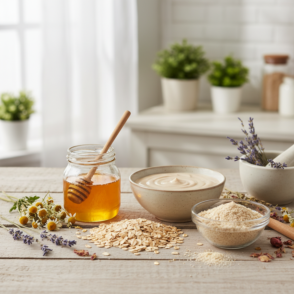 Ingredientes naturales como miel, avena y flores dispuestos para cosmética