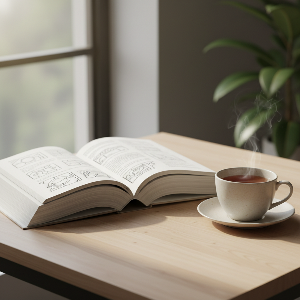 Libro abierto sobre una mesa de madera con una taza de té y luz natural