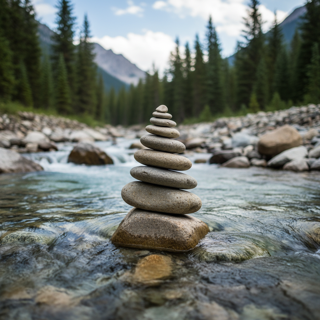 Piedras equilibradas en un arroyo de montaña simbolizando la armonía
