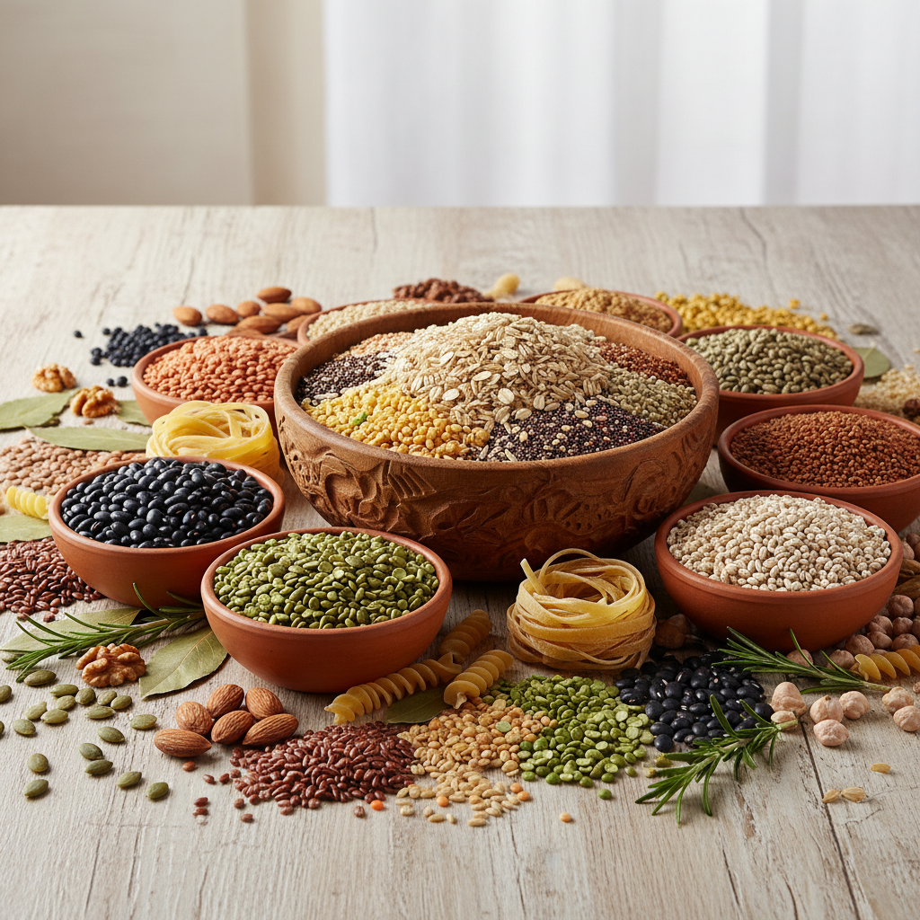 Granos integrales y legumbres secas dispuestos artísticamente
